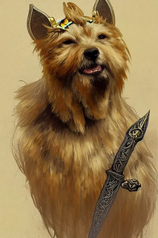 Image similar to norwich terrier as an Viking warrior, fantasy, intricate, elegant, highly detailed, digital painting, artstation, concept art, smooth, sharp focus, illustration, art by alphonse mucha