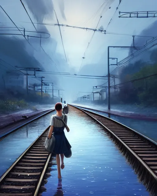 Prompt: photo of girl walking along train tracks that are submerged under a few inches of reflective water toward a station in the distance, wide horizon, large white clouds, intricate, elegant, highly detailed, digital painting, artstation, concept art, smooth, sharp focus, illustration, art by artgerm and greg rutkowski and fra angelico