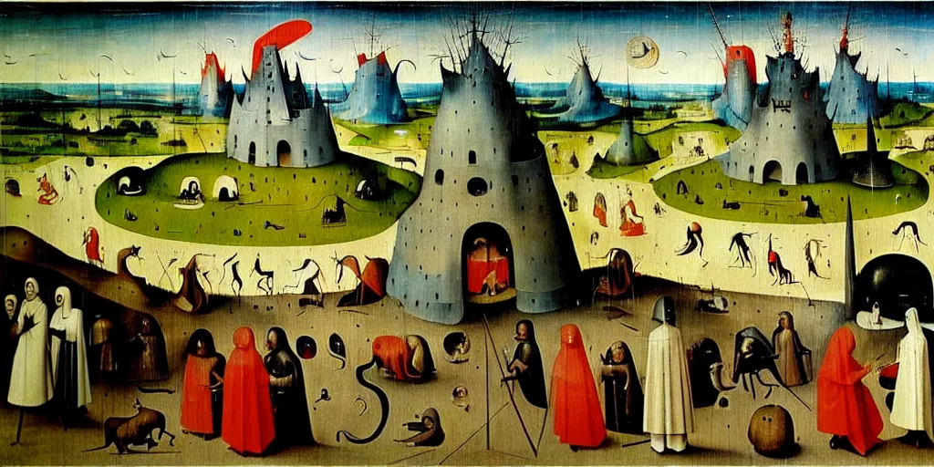Image similar to a beautiful painting of a civilization by hieronymous bosch