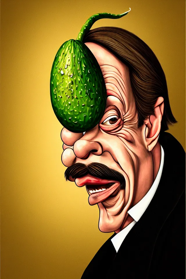 Image similar to caricature renaissance portrait of steve buscemi as a highly detailed respected dragonskinned avocado, fake mustache, dramatic cinematic lighting, 8 k, beautiful intricate painting