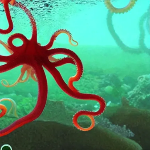 Image similar to underwater rov footage, long tentacle octopus squid tentacles