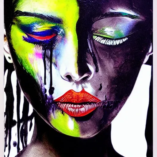 Prompt: liquid marble acrylic fluid paint, black ink, iridescent colours, beautiful female face