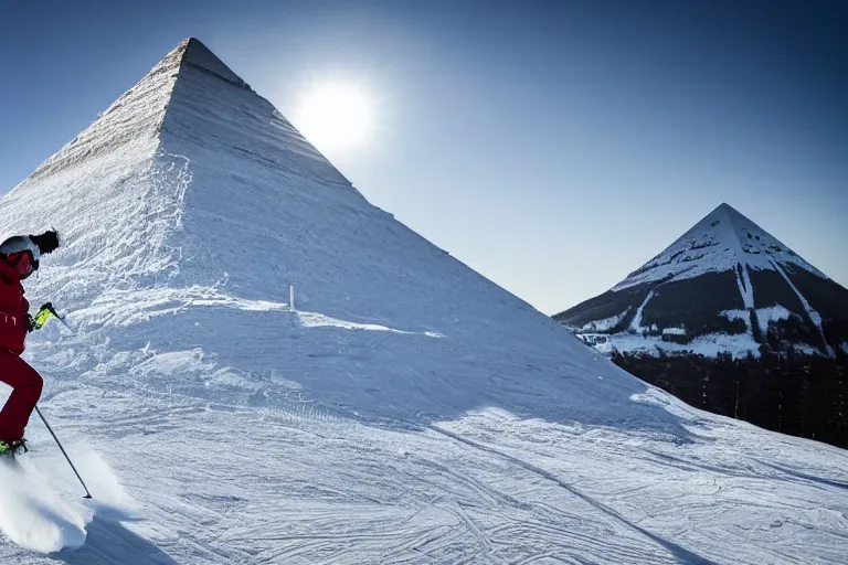 Image similar to A skier skiing down a snowy pyramid, dynamic sport shot, award winning photo