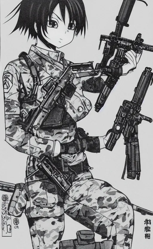 Prompt: manga, monochromatic, toriyama akira, portrait of soldier girl shooting with a rifle, another scene