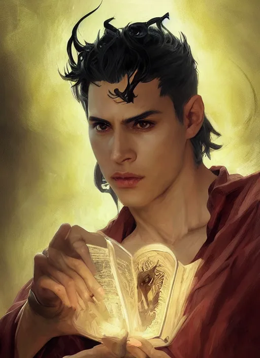Image similar to character concept portrait of a handsome young evil hispanic wizard with olive skin casting a necromancy spell, a magic iridescent spell book in the center, intricate, elegant, digital painting, concept art, smooth, sharp focus, illustration, from Metal Gear, by Ruan Jia and Mandy Jurgens and Artgerm and William-Adolphe Bouguereau