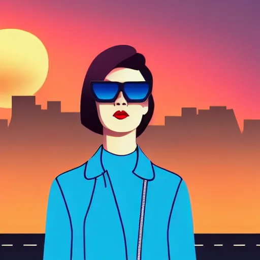 Image similar to a woman with light blue shutter shades in front of a sunset, a dark brown leather jacket, one side brown haircut with blue ends, vector art by jan tengnagel, pixabay contest winner, retrofuturism, retrowave, synthwave, outrun, portrait,