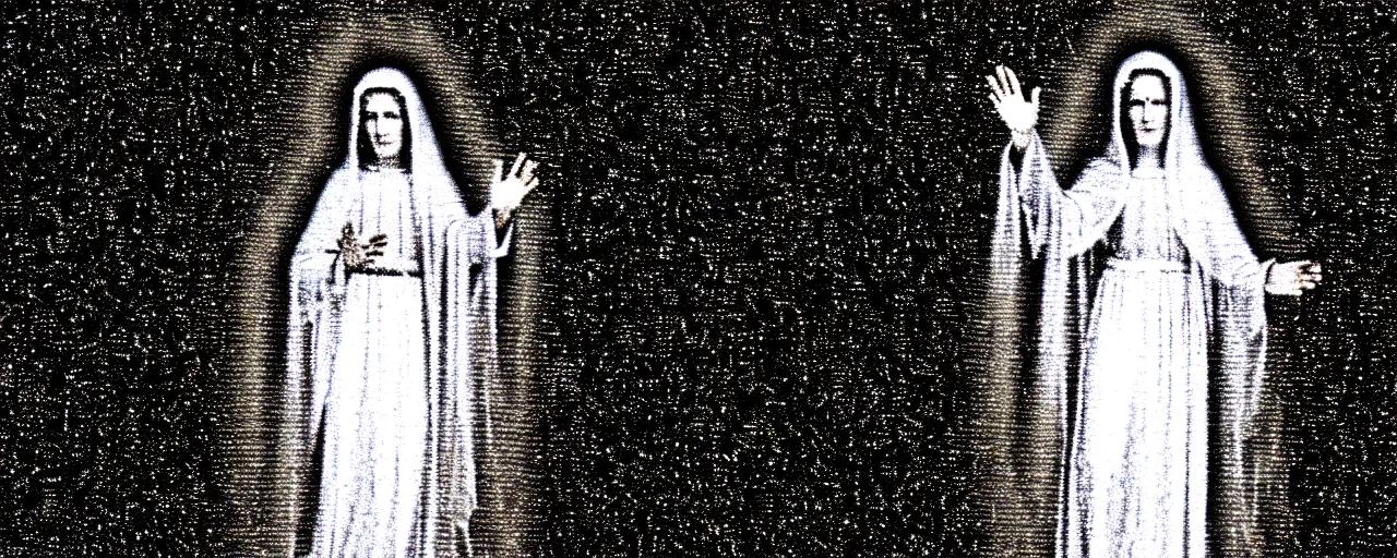 Image similar to vhs static overlay of marian apparition, vhs, 1 9 9 0, highly realistic, highly detailed, vhs noise static, black and white, vhs glitch