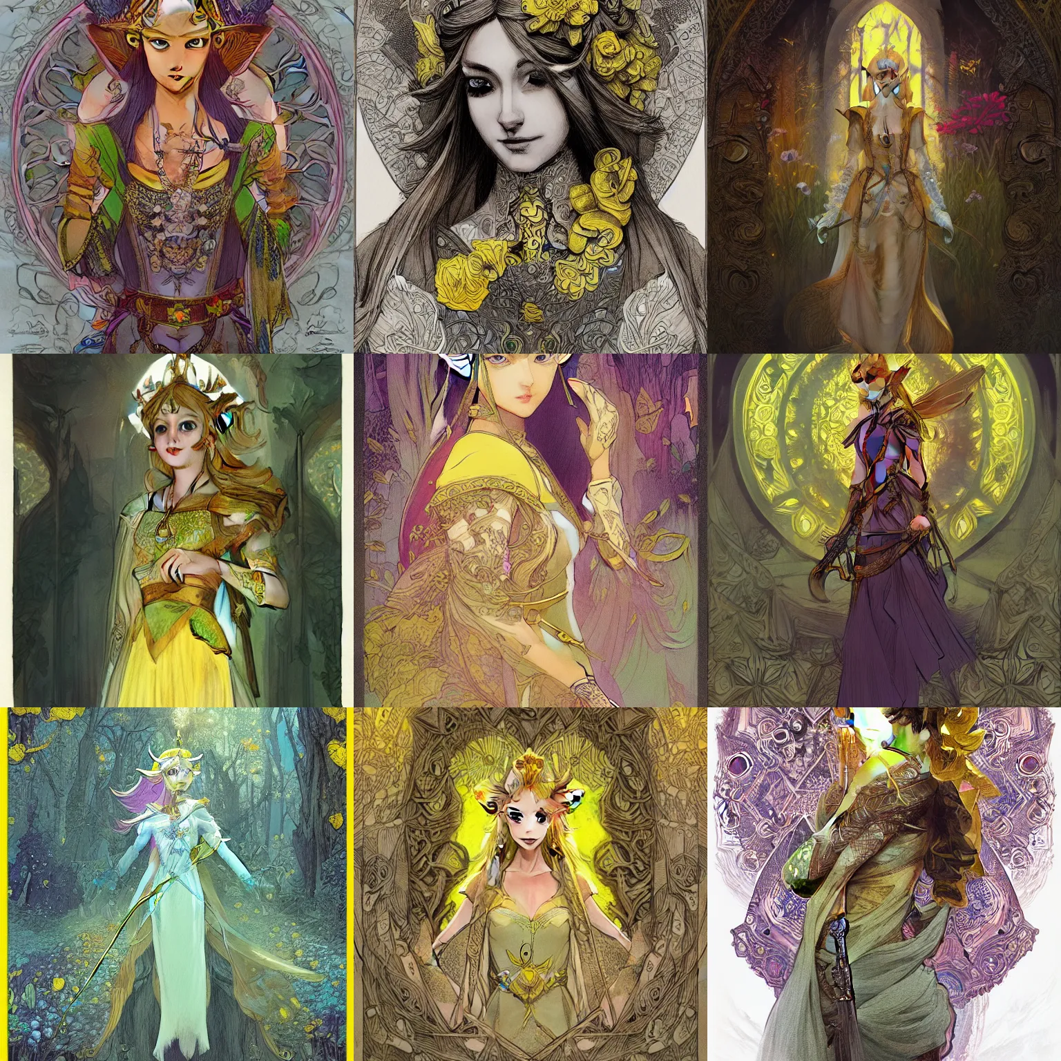 Prompt: Princess Zelda, magical, flower, bright castleton yellow, detailed intricate ink illustration, dark atmosphere, detailed illustration, hd, 4k, digital art, overdetailed art, concept art, by greg rutkowski, by Alfons Mucha, complementing colors, Trending on artstation, deviantart