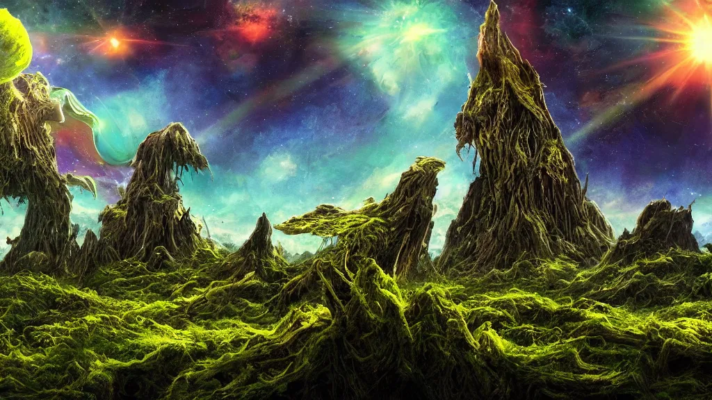 Image similar to an alien landscape view, alien sky, star in the sky, alien waterfall, weird alien trees, alien colorful greenery, alien mountains, epic composition, 4 k, detailed, realistic