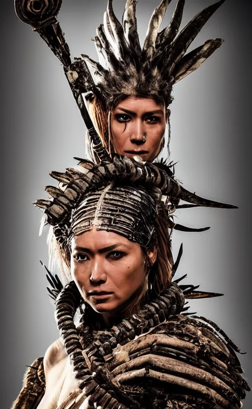 Prompt: fight portrait ancient shaman tribeswoman in battlerage, destroyed armor inspired by monster hunter, low shot, muscular body, symmetrical face, clean face, subtle make up, destruction around her, frozen time,dramatic lighting, cinematic, establishing shot, extremely high detail, photorealistic, 300 the movie,monster hunter the movie, dune the movie, cinematic lighting, artstation, octane render, western,old photo, vintage