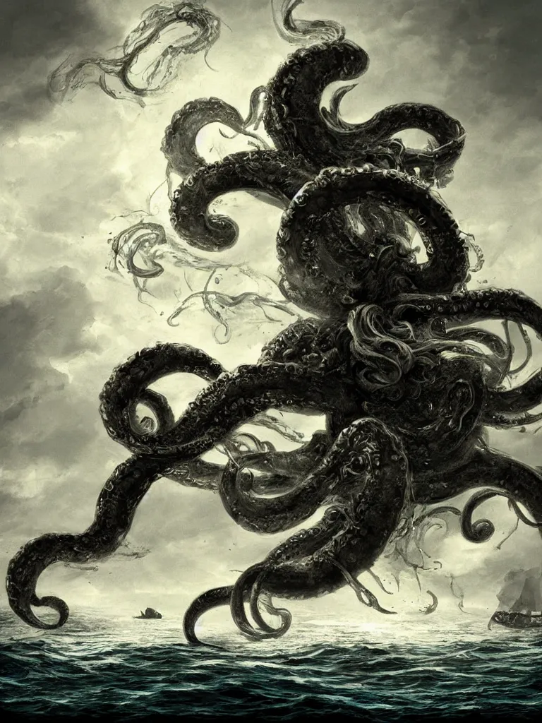 Prompt: digital art of a kraken attacking a ship on the surface of the ocean, detailed, dark, ominous