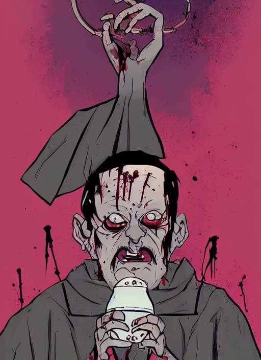 Prompt: Dreamt in `8.65s` for @drvgcvltvre's `!dream Old Possessed priest with blood smeared on his face holds chalice up high, in the Style of Tomer Hanuka and Mike Mignola, Comic Cover, vibrant colors, trending on artstation