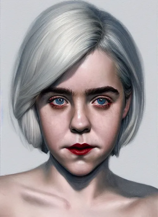 Image similar to full body portrait, kiernan shipka as sabrina spellman, white hair, obese, bangs, sultry, realistic, sultry smirk, fluffy bangs, freckles, fat, belly, intricate, elegant, highly detailed, digital painting, artstation, concept art, smooth, sharp focus, illustration, art by wlop, mars ravelo and greg rutkowski