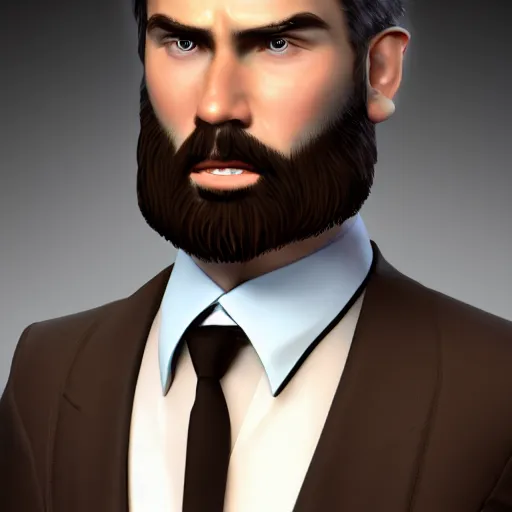 Image similar to a highly detailed portrait of a man, with a brown short beard and short hair, blue eyes, wearing a tuxedo, artstation, deviantart, professional, unreal engine 5, photorealistic