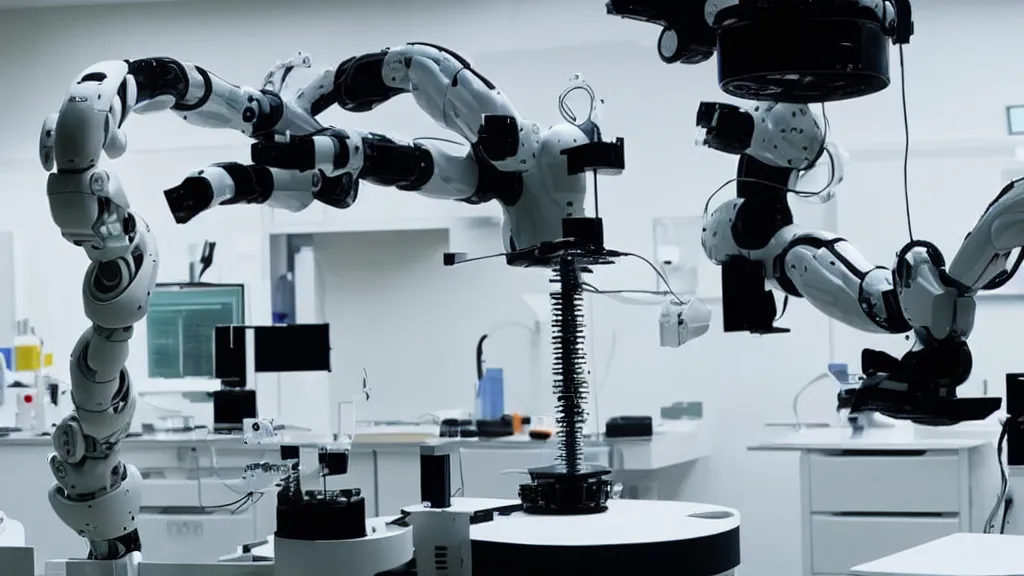 Image similar to a complex bifurcated robotic cnc surgical arm hybrid mri 3 d printer machine making black and white ceramic mutant forms in the laboratory inspection room, film still from the movie directed by denis villeneuve with art direction by salvador dali, wide lens