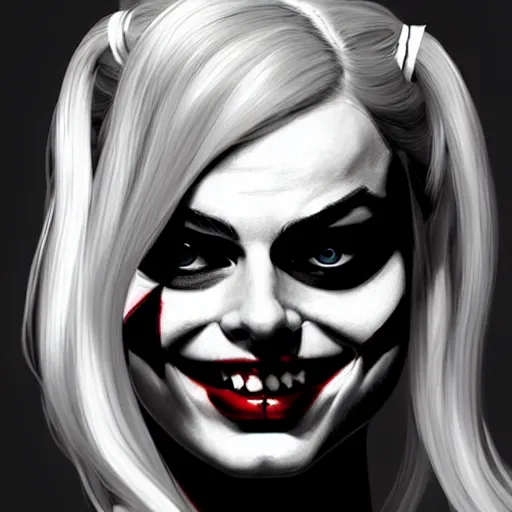 Image similar to Margot Robbie as Harley Quinn as a vampire, highly detailed, digital painting, artstation, concept art, smooth, sharp focus, illustration, art by yoji shinakawa, black and white, red