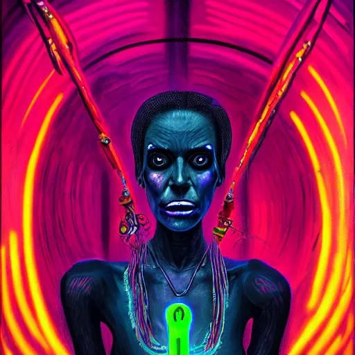 Image similar to a death tarot featuring a haitian voodoo priestess with menacing eyes, blacklight neon colors, by anton semenov and android jones in cyberpunk voodoo style, oil on canvas, 8k