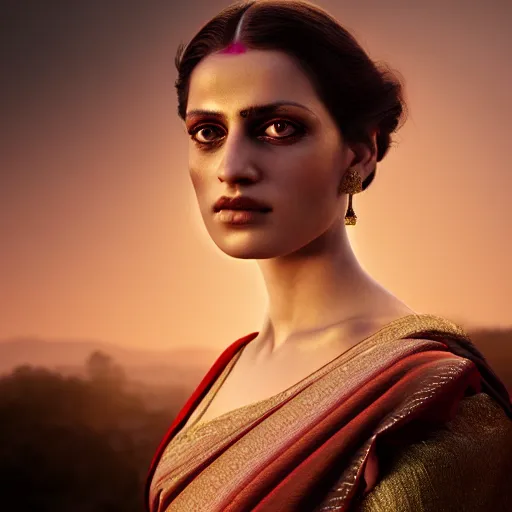 Image similar to photographic portrait of a stunningly beautiful renaissance female in traditional sari dress, white irises and dark eye makeup, in soft dreamy light at sunset, god rays, contemporary fashion shoot, by edward robert hughes, annie leibovitz and steve mccurry, david lazar, jimmy nelsson, extremely detailed, hyperrealistic, perfect face, octane render