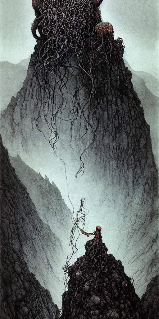 Image similar to A detailed jellyfish god stands among the mountains. Wearing a ripped mantle, robe. Perfect face, colossal scale, extremely high details, realistic, fantasy art, solo, masterpiece, art by Zdzisław Beksiński, Arthur Rackham, Dariusz Zawadzki