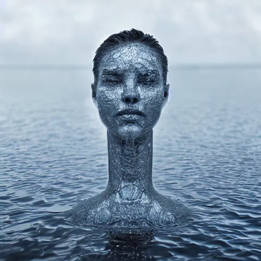 Image similar to a sculpture made of water in the shape of a human head, on the ocean water, water manipulation, behance, cinematic, in the style of johnson tsang, long shot, hyper detailed, hyper realistic, ray tracing, 8 k resolution, sharp focus, realistic water, award winning