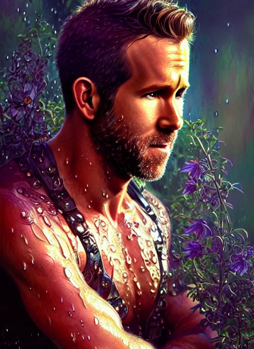 Image similar to portrait of ryan reynolds, d & d, wet, shiny, fantasy, intricate, elegant, hyper detailed, ultra definition, photoreal, artstation, unreal engine rendered, concept art, smooth, sharp focus, illustration, art by artgerm and greg rutkowski and alphonse mucha and garis edelweiss