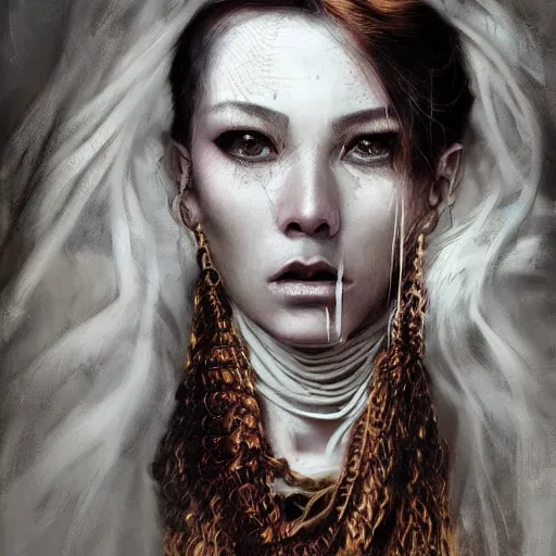 Image similar to portrait of a Shibari rope wrapped face and neck, headshot, insanely nice professional hair style, dramatic hair color, digital painting, of a old 13th century, traveler, amber jewels, baroque, ornate clothing, scifi, realistic, hyperdetailed, chiaroscuro, concept art, art by Franz Hals and Jon Foster and Ayami Kojima and Amano and Karol Bak,