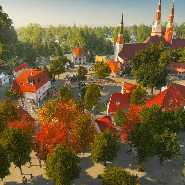 Image similar to colorful colonial city built in a ring around a giant maple tree, huge tree, tallin estonia, cinematic, volumetric, realistic, cinematic lighting, ray tracing, unreal engine 5, octane render, hyper realistic, photo, 8 k