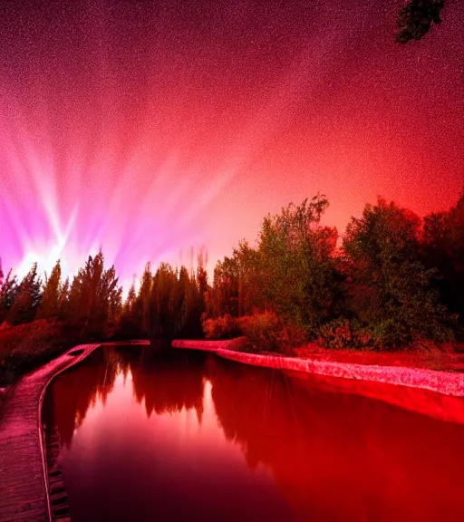 Image similar to photography at night of a red ethereal pond, a central sunlight glare, mystical lights, cyber futuristic lights in the sky, masterpiece, epic, cinematic, hyperealistic photo, high detailed, flashlight at night