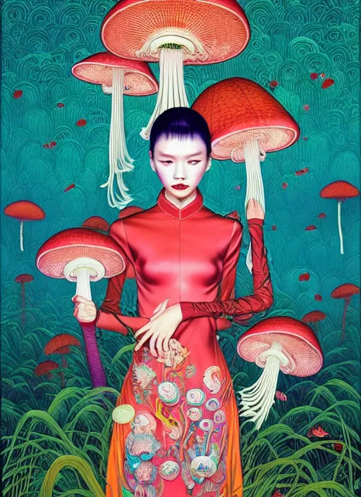 Image similar to pretty chinese model with hallucination mushroom : : by martine johanna and simon stalenhag and chie yoshii and casey weldon and wlop : : ornate, dynamic, particulate, rich colors, intricate, elegant, highly detailed, vogue, harper's bazaar art, fashion magazine, smooth, sharp focus,