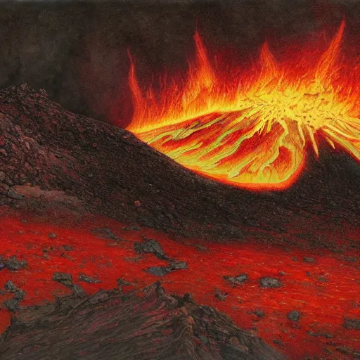 Image similar to poutine ( the canadian meal ) from ngauruhoe ( mount doom ), lava texture, char texture, volcano texture, fire texture, by alan lee, by john howe