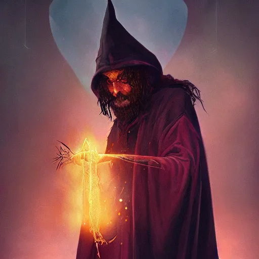 Image similar to a beautiful panting of a dark wizard casting a spell, alchemist lab, hyperrealistic, cinematic atmosphere, epic, artstation, moebius