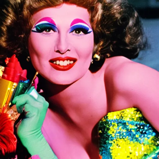 Image similar to 1976 film still glamorous woman photo and anthropological stomach, live action children's tv show, 16mm film live technicolor 1976, wacky colorful, in style of john waters doris wishman
