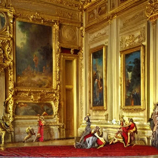 Image similar to fine art, oil on canvas baroque style by louis le nain. the interior of the palace of versailles in france. fine art in the walls and