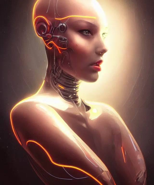 Prompt: a woman turning into an Android portrait wearing a part cybernetic body, surrealism , scifi, intricate, elegant, sharp eyebrows, highly detailed cybernetic body, neon glowing eyes, digital painting, artstation, concept art, smooth, sharp focus, illustration, art by Artgerm and moebius and Peter Mohrbacher