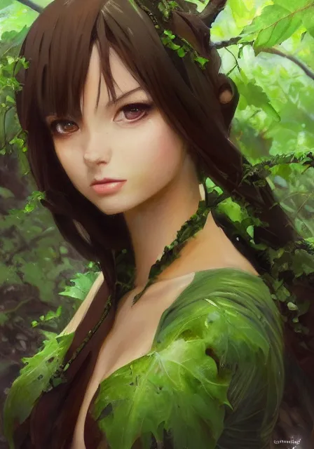 Image similar to greg manchess a realistic anime portrait of a beautiful dryad with glowing green eyes and tree bark skin wearing clothes made of leaves, anime, digital painting, by stanley artgerm lau, sakimichan, wlop and rossdraws, digtial painting, trending on artstation