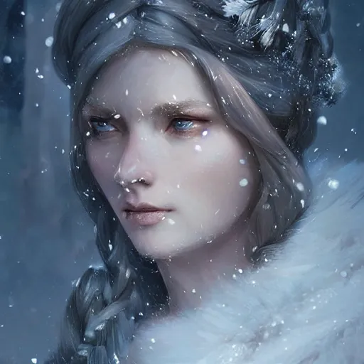 Image similar to a beautiful portrait of an winter goddess with ice hair by Greg Rutkowski and Raymond Swanland, snowflakes falling, Trending on Artstation, ultra realistic digital art