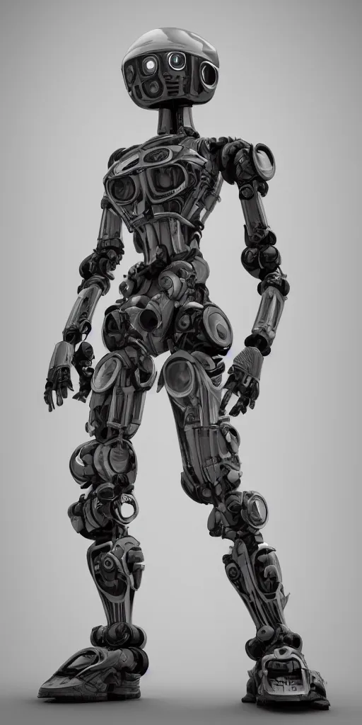 Image similar to a robot is standing in a black and white photo, a 3 d render by senior character artist, cgsociety, afrofuturism, hard surface modeling, cryengine, zbrush