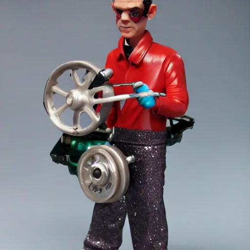 Prompt: nils bohr cosplay car mechanic, stop motion vinyl action figure, plastic, toy, butcher billy style with glittery accents