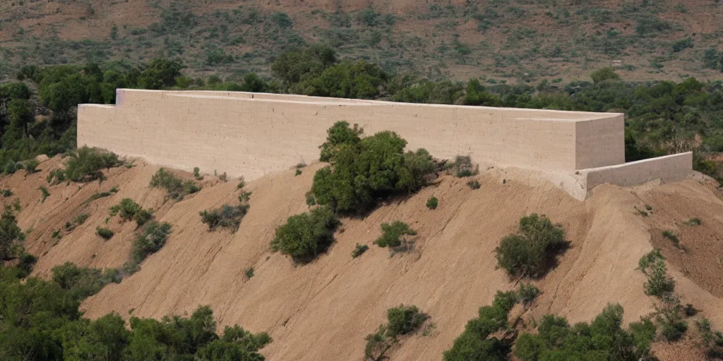 Image similar to rammed earth, ancient egyptian fortress atop a jungle hill