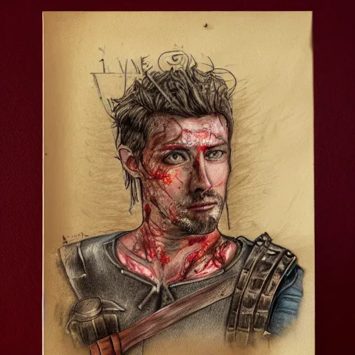 Image similar to self portrait, handsome man with battle scar on his chest holding his sword on his shoulder, pencil art, detailed, handsome, colored, bloody