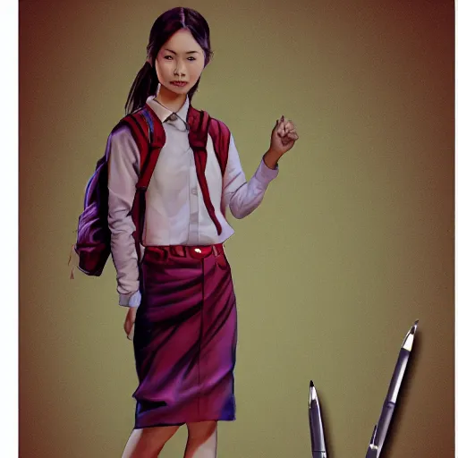 Image similar to a perfect, realistic professional digital sketch of a Chinese schoolgirl posing, in style of Marvel, full length, by pen and watercolor, by a professional American senior artist on ArtStation, a high-quality hollywood-style sketch, on high-quality paper