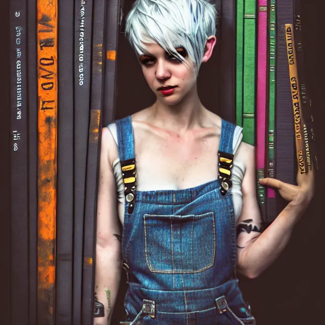 Prompt: full body pose, beautiful adult library fairy, dirty, grungy, grunge, white hair pixie cut, overalls, stacks of giant books, highly detailed, 4 k, hdr, smooth, sharp focus, high resolution, award - winning photo, artgerm, photorealistic