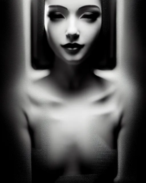 Image similar to black and white dreamy young beautiful female artificial intelligence, metropolis, cinematic, rim light, bokeh, photo - realistic, elegant, high detail, 8 k, masterpiece, photo taken in 1 9 3 0