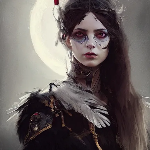 Image similar to hyper realistic portrait painting, beautifully rendered, gorgeous young witch with ceremonial markings and black feathers painted by greg rutkowski, wlop, artgerm, dishonored 2