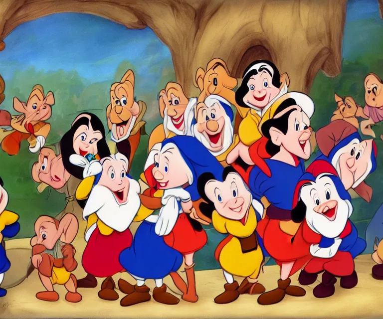 Image similar to snow white and the seven dwarves, disney, drawing, animation