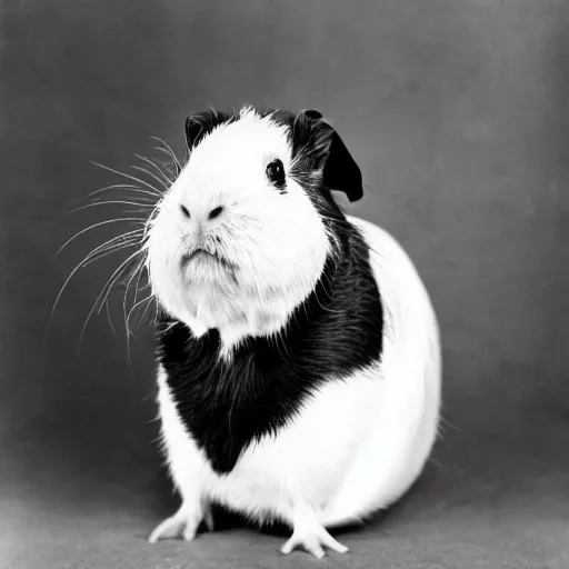 Prompt: a black and white photograph of a guinea pig wearing a russian world war 1 uniform