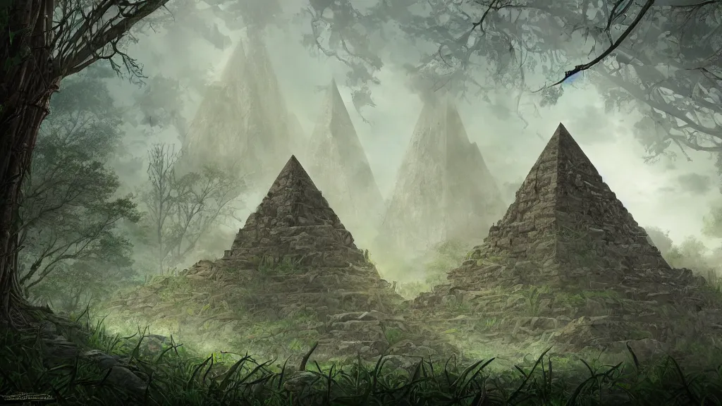 Prompt: Ruins of an ancient alien pyramid in the middle of an overgrown forest, dreamscape, dramatic lighting, fantasy art illustration, trending on artstation, Aetherpunk