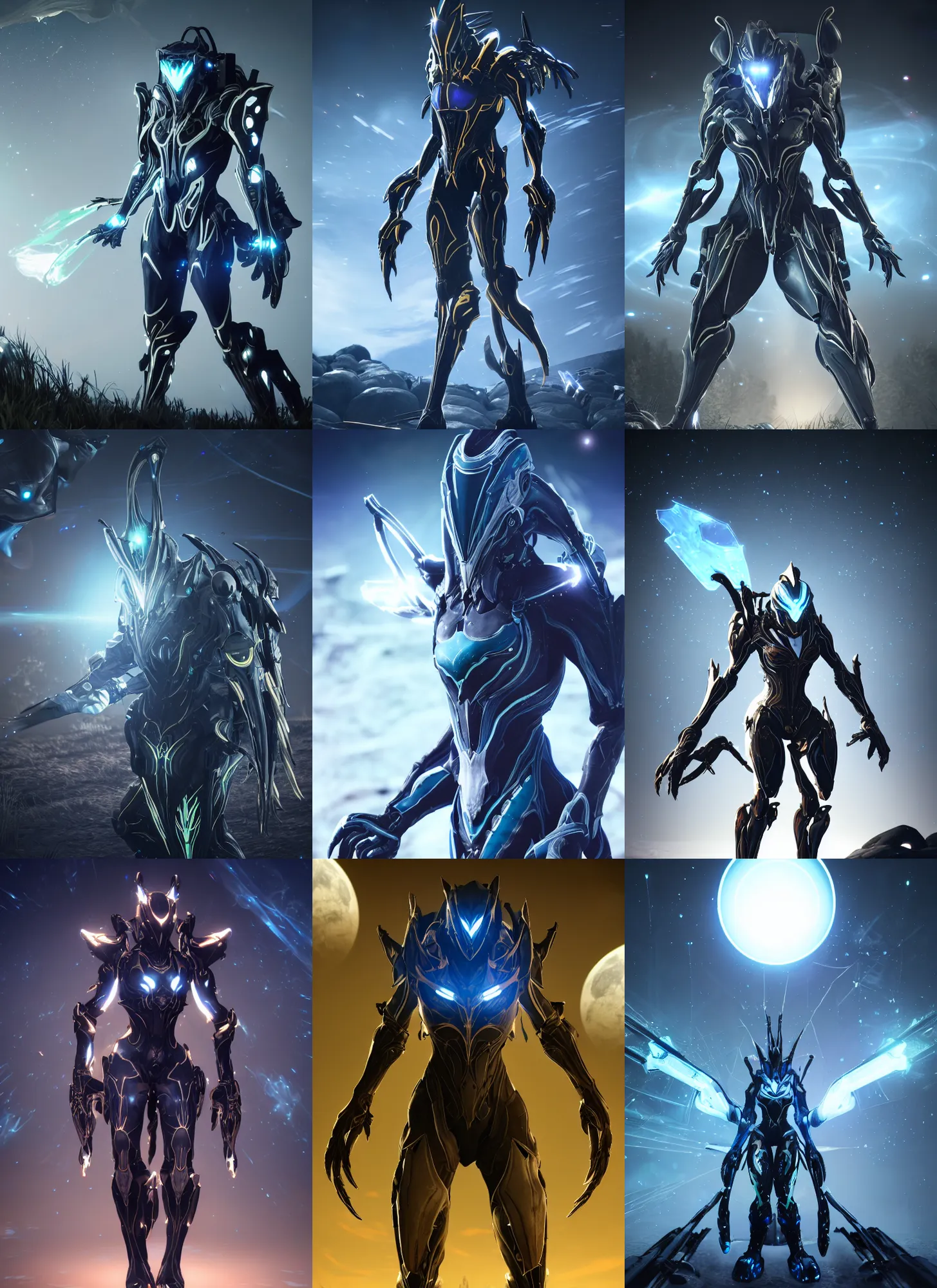 Image similar to warframe!! standing in a field at night, night time, moonlight, dark blue sky, finely illustrated, highly detailed, octane render, glowing bio lights, glowing eyes, good value control, good edge control, anime, animation, watercolor texture 8 k, segmented armor, segmented organic armor, moody lighting