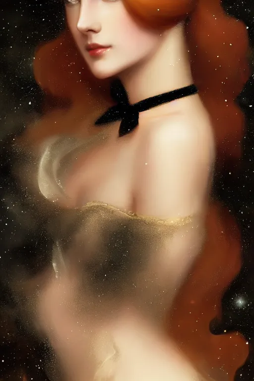 Image similar to Nocturne, glowing, stars, a long-legged elegant sultry woman, long auburn hair, pearl choker, tiara, highly detailed, mysterious, ethereal, dressed in black velvet, haute couture, illustration, dramatic lighting, soft details, painting, by Edmund Blair Leighton, Brom, Charlie Bowater, trending on artstation, faces by otto schmidt