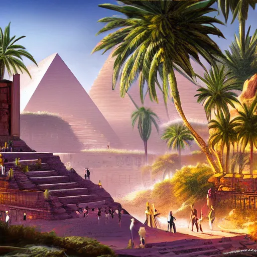 Prompt: a ancient egyptian city with plants and waterfalls, digital art retrowave art,trending on art station